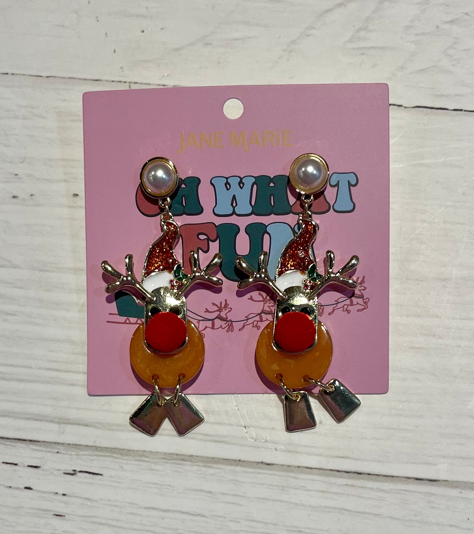Red Pom Nose Reindeer Earrings