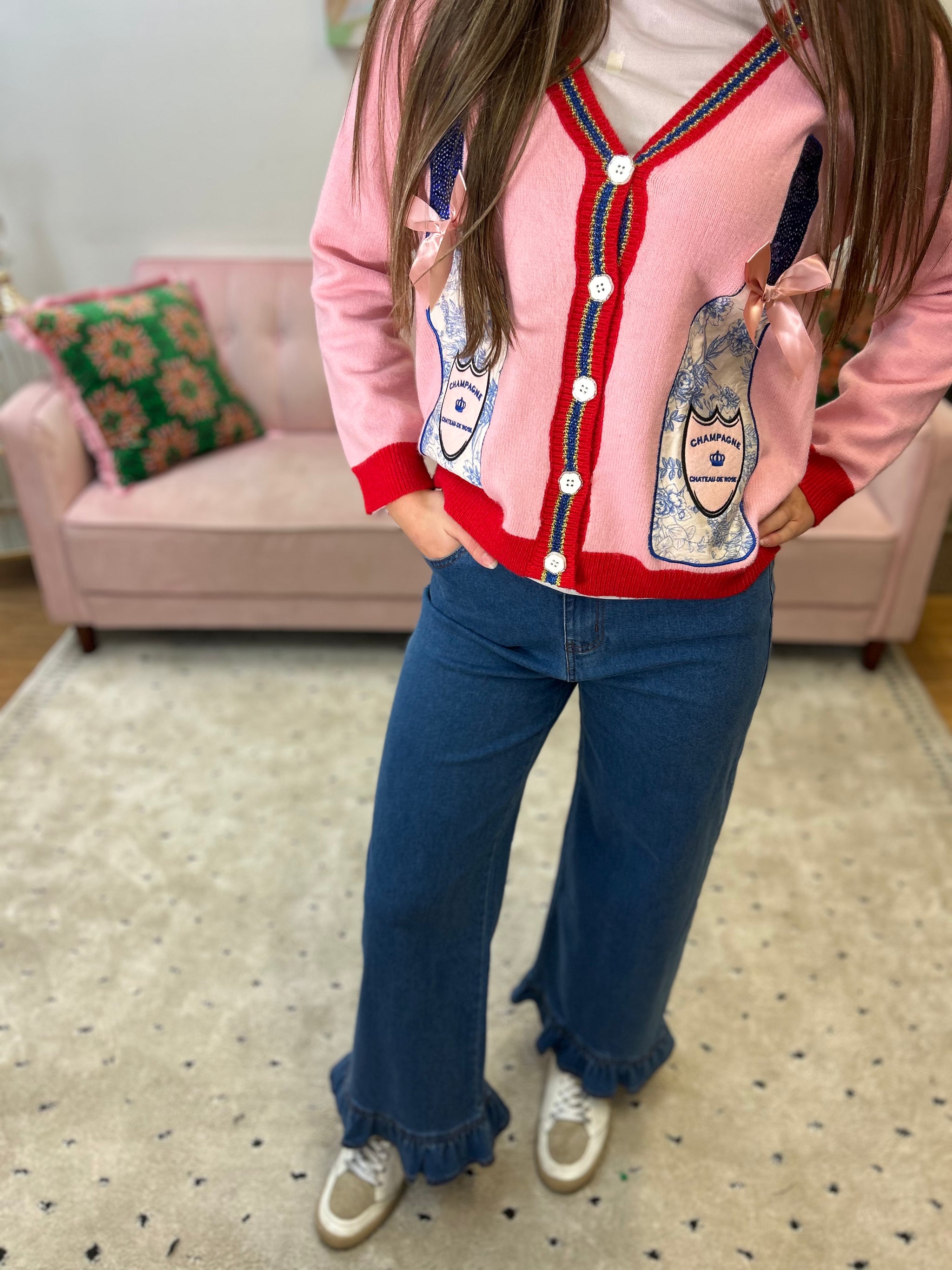 Pink Cardigan w/ Champagne Bottles