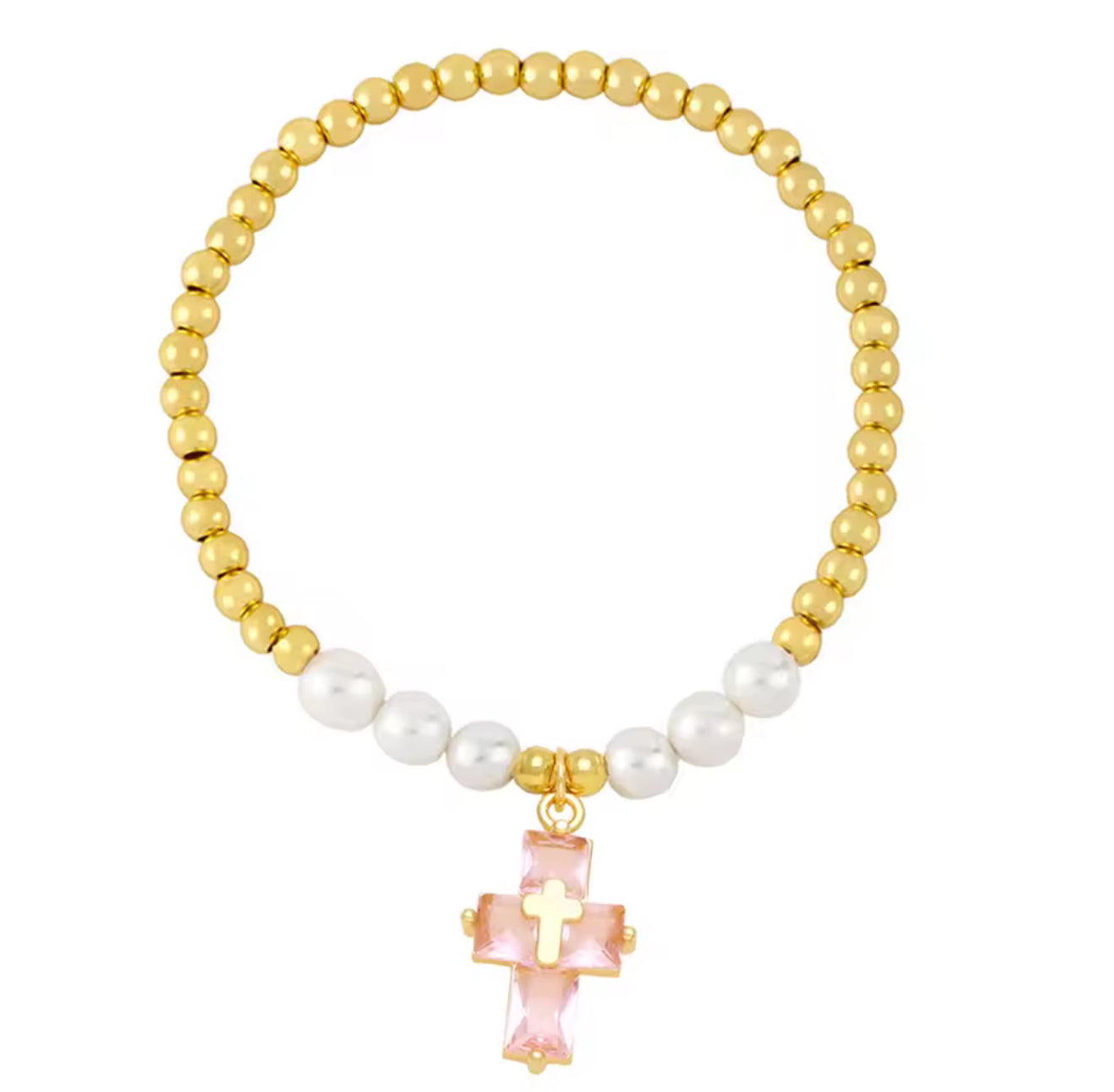 Gold Bead Pink Cross Bracelet