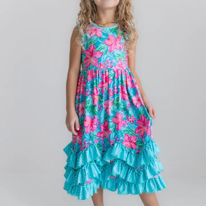 Blue Tropical Ruffle Dress - Ballyhoo Boutique and Gift