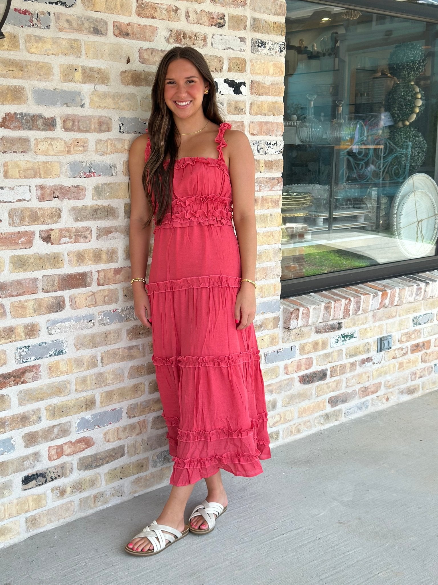 Coral Red Ruffle Detail Dress - Ballyhoo Boutique and Gift