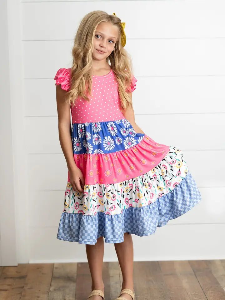 Floral Check Tiered Dress - Ballyhoo Boutique and Gift