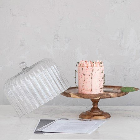 Glass Cake Stand/Wood Base - Ballyhoo Boutique and Gift
