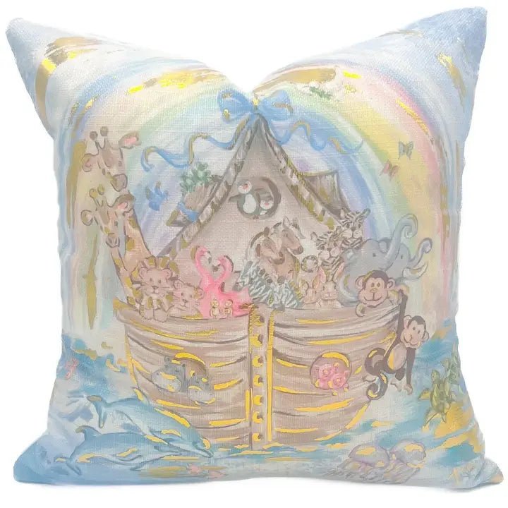 Gold Foil Noah's Ark Pillow (blue) - Ballyhoo Boutique and Gift