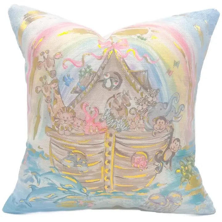 Gold Foil Noah's Ark Velvet Pillow (pink) - Ballyhoo Boutique and Gift