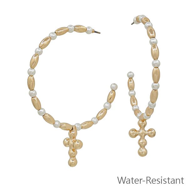 Pearl w/ Gold Cross Hoop Earring - Ballyhoo Boutique and Gift