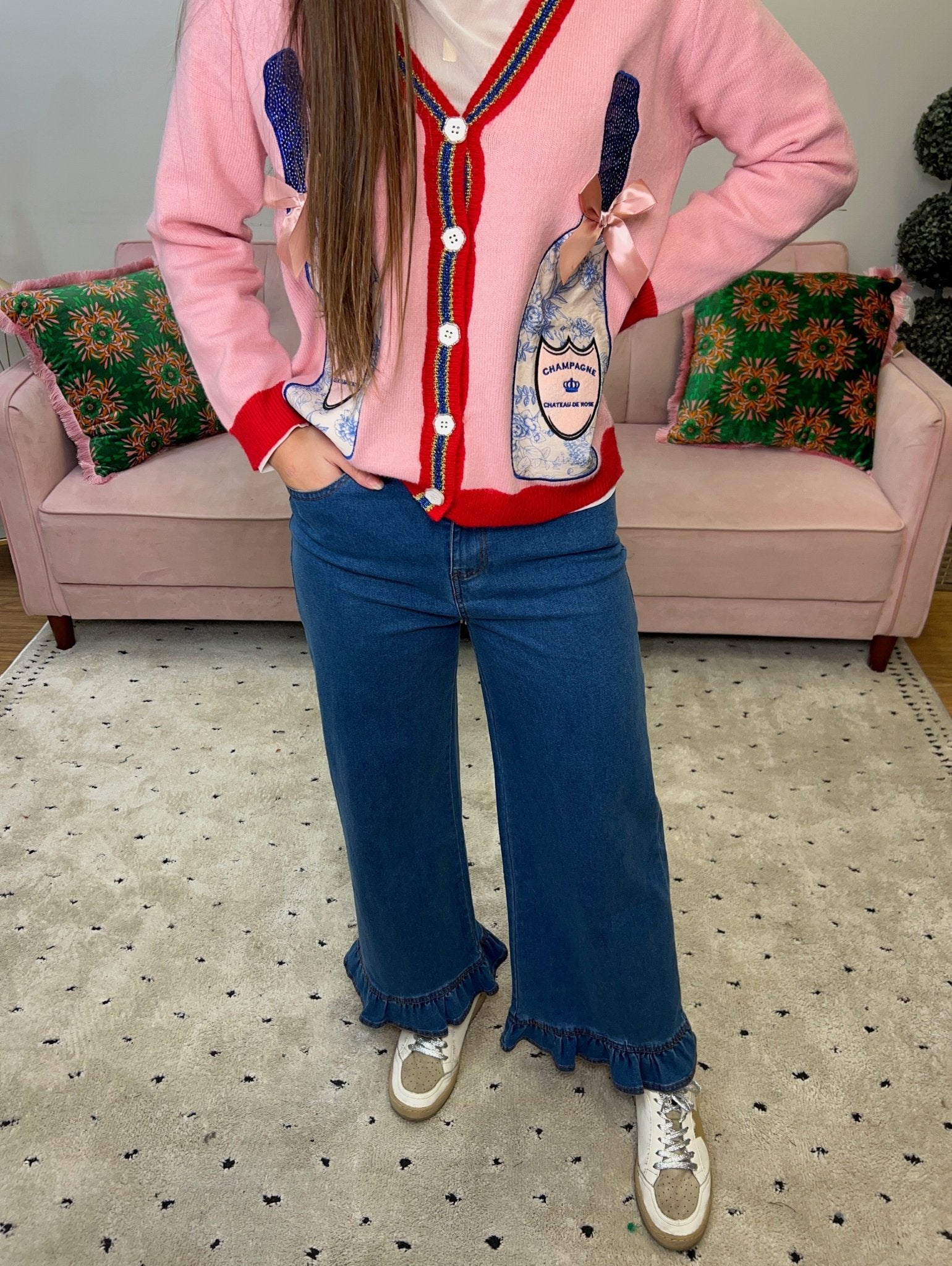 Pink Cardigan w/ Champagne Bottles - Ballyhoo Boutique and Gift