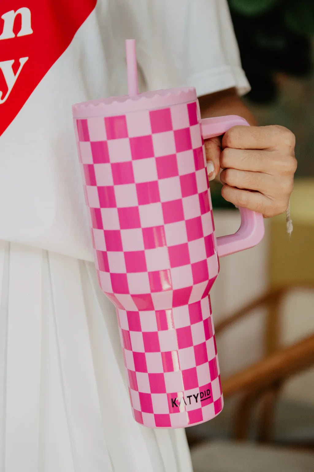 Pink Checker 38oz Tumbler - Ballyhoo Boutique and Gift