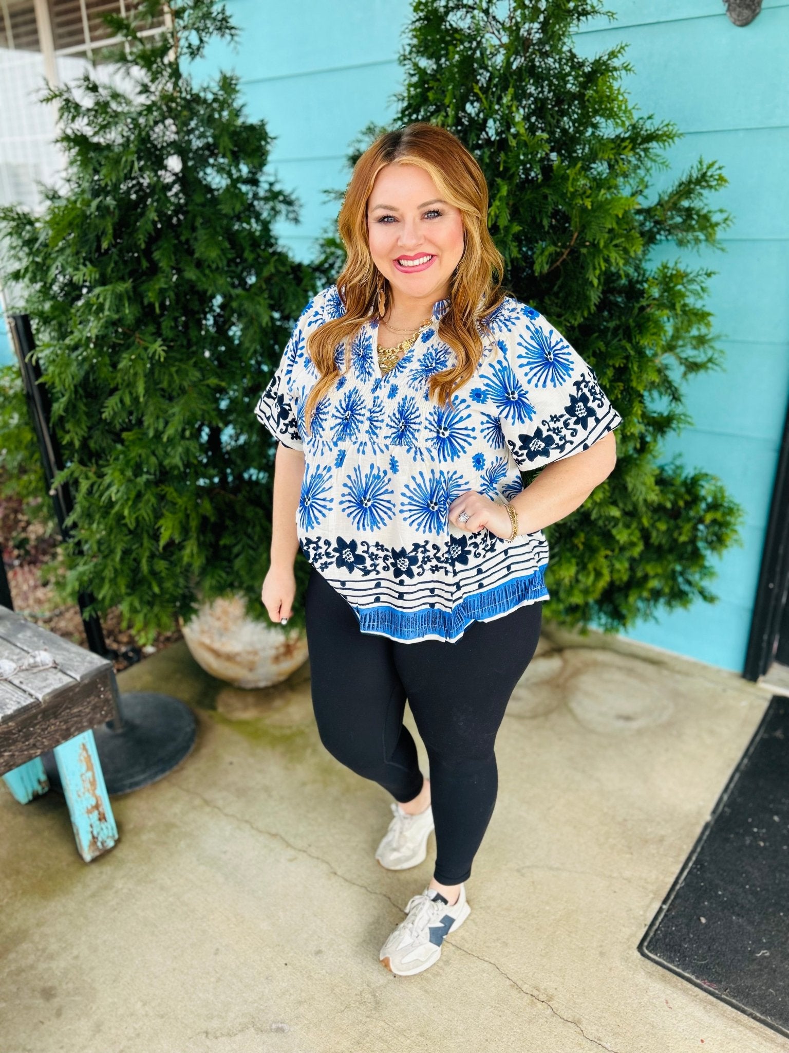 Pops of Blue Smocked Top - Ballyhoo Boutique and Gift