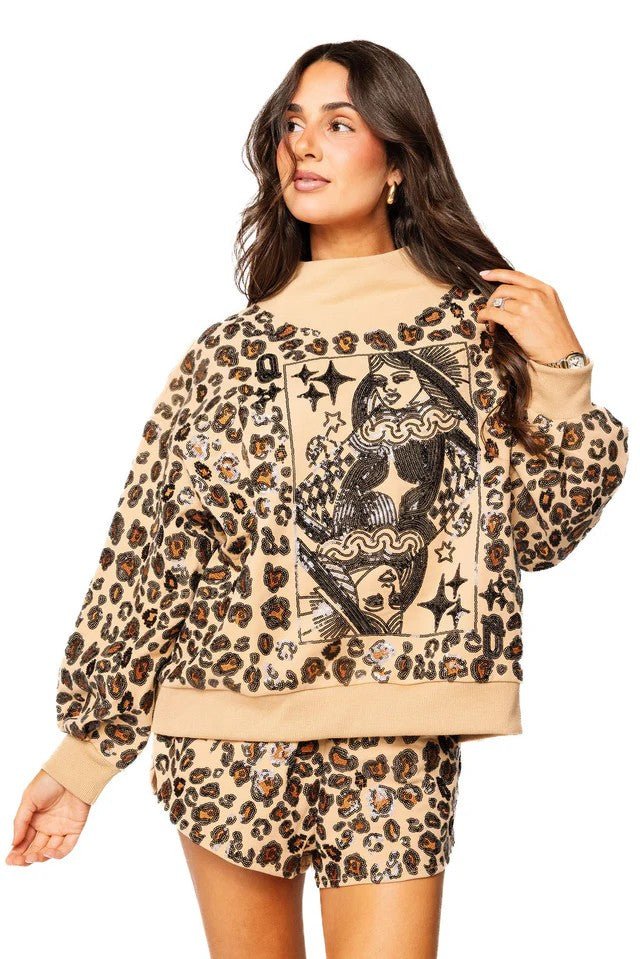 QOS Leopard Print Card Logo Sweatshirt - Ballyhoo Boutique and Gift