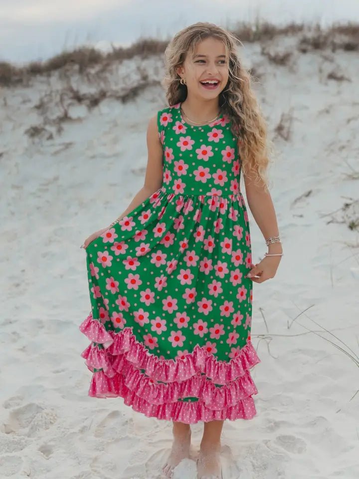 Ruffle Green Floral Dress - Ballyhoo Boutique and Gift