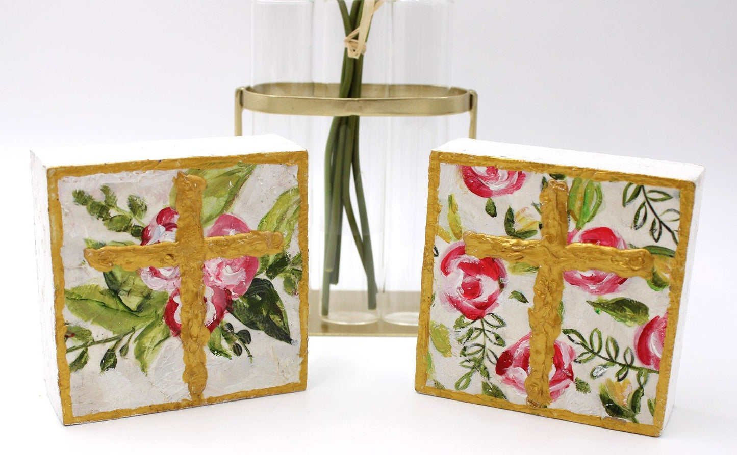 Wood Block Floral Cross - Ballyhoo Boutique and Gift