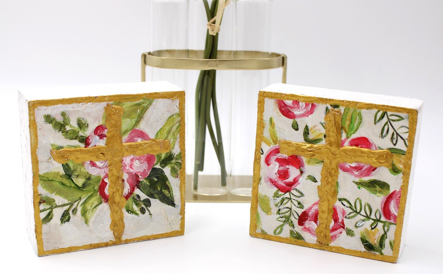 Wood Block Floral Cross - Ballyhoo Boutique and Gift