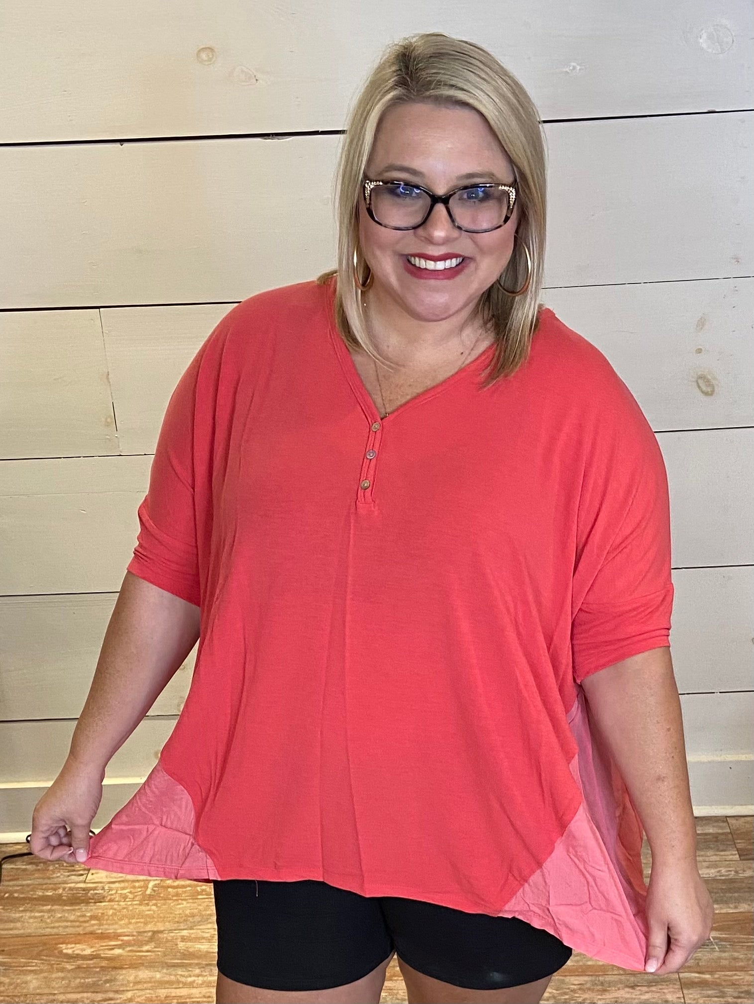 Coral sold knit woven mixed hi and low top - Ballyhoo Boutique and Gift