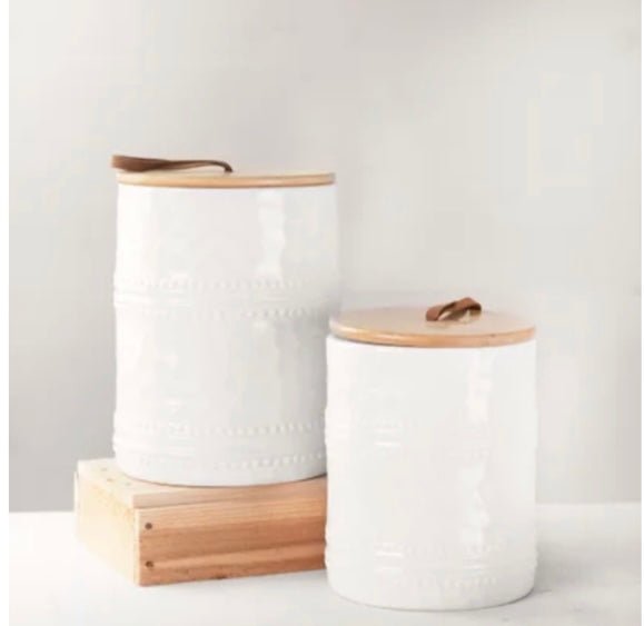 S/2 WHITE CANISTERS WITH LIDS - Ballyhoo Boutique and Gift