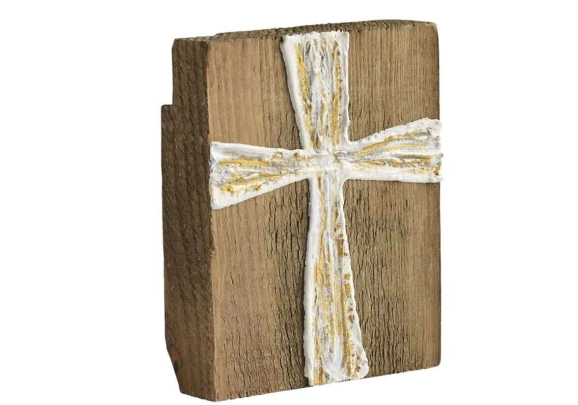 wooden plaque w gold cross - Ballyhoo Boutique and Gift